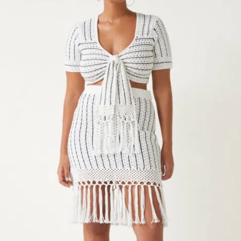 Coachella Vibe Fringe Detail Cotton Crochet Mini Skirt & Top size S